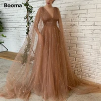 booma glitter brown sequined tulle maxi prom dresses v neck long cape sleeves a line evening party gowns with pockets