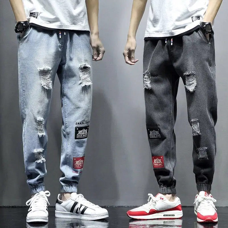 New Summer Ripped Jeans Men's Korean-Style Trendy Slim Fit Ankle-Tied Harem Pants Men's Ankle-Length Pants
