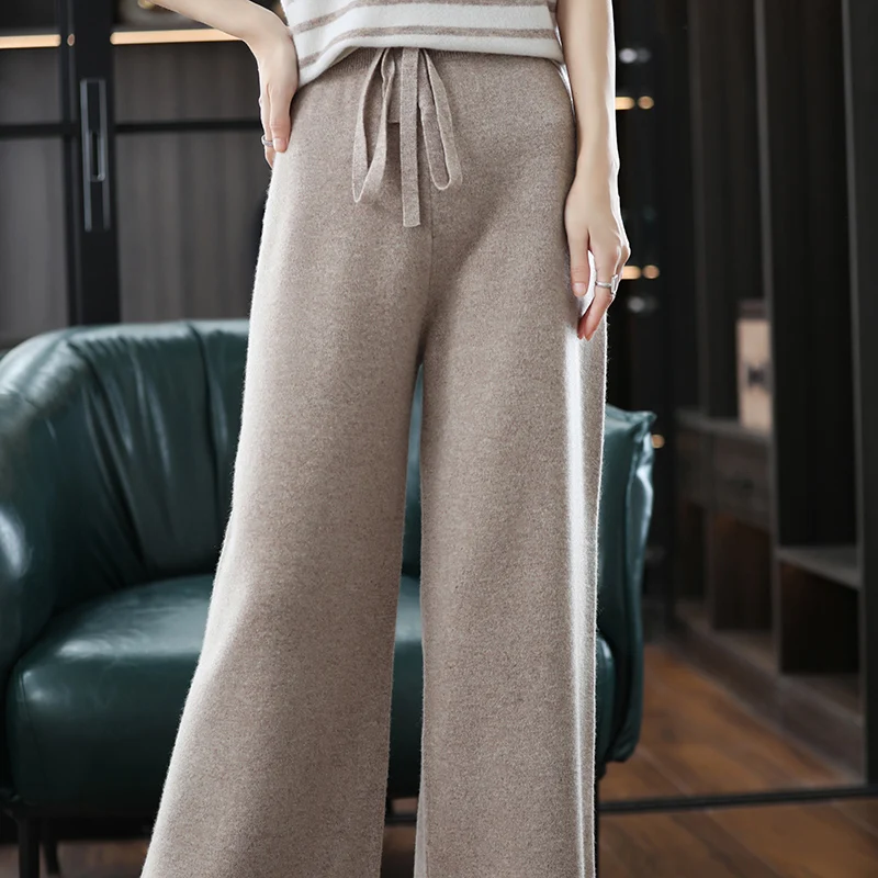 100% Pure Wool Women's Wide Leg Pants 22 New Casual Loose Solid Color Knitted Long Women's Cashmere Leg Pants Multi color option