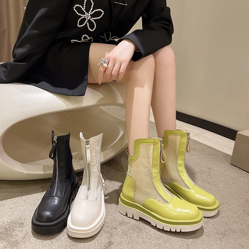 

Женские ботинки на молнии, летние ботинки с высоким верхом на толстой подошве, сетчатые дышащие удобные короткие ботинки, новинка 2022