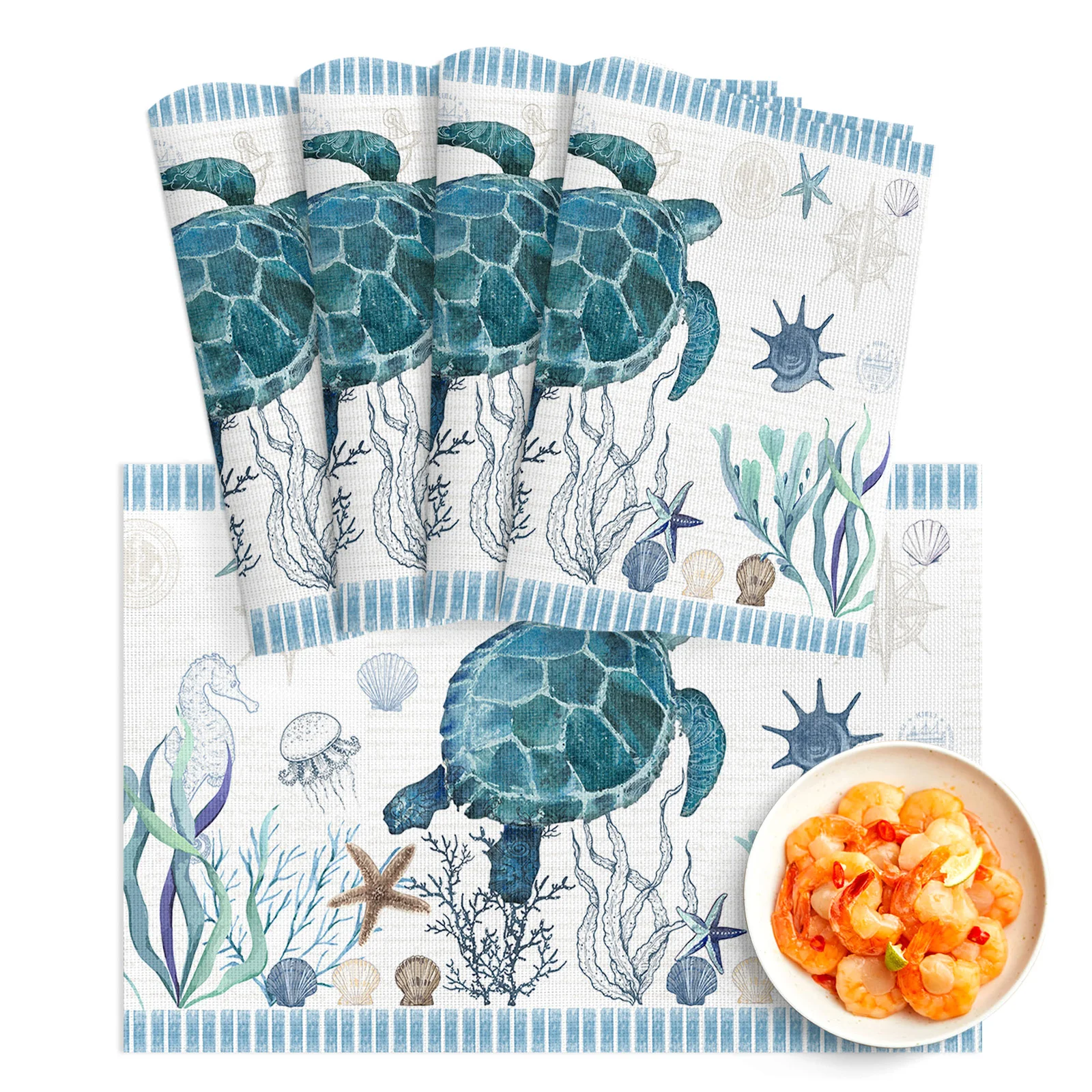 

4/6Pcs PVC Placemats Mediterranean Style Sea Turtle Stripes Dining Disc Pads Bowl Coasters Plate Bar Kitchen Coffee Table Mat