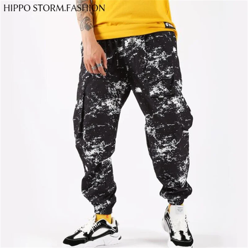 Printed cargo pants mens trousers casual loose Hip Hop multi pocket singer stage dance biack