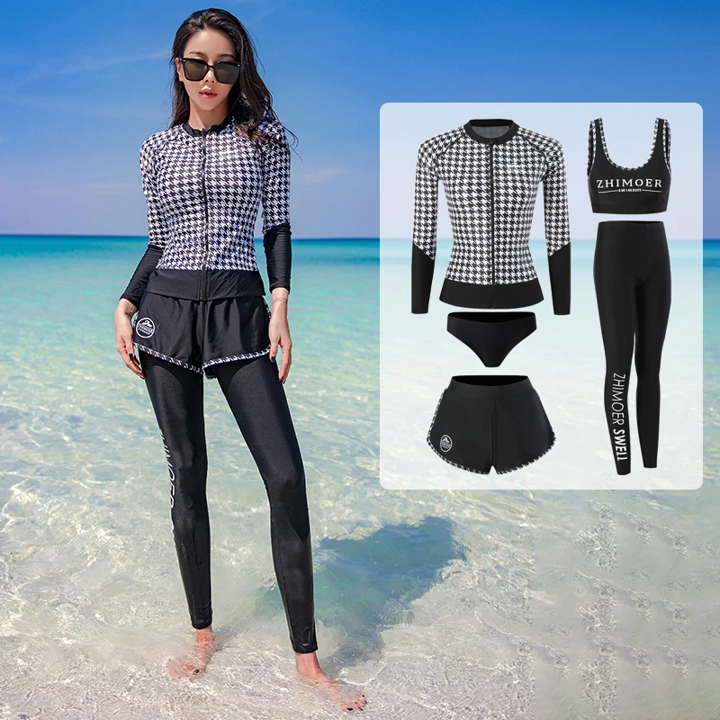

5 шт., Женский клетчатый купальник на молнии с длинными рукавами