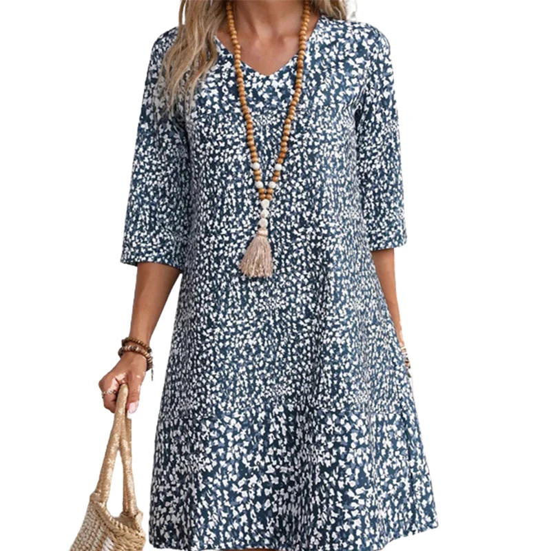 

Elegant Print Seven-quarter Sleeve Dresses Women Summer V Neck Pullover Short Dressy Female Comfortable Commuter Casual Gown 5XL