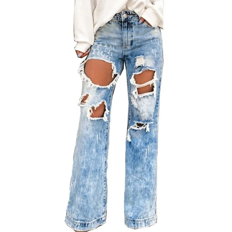 

2022 New Sexy Ripped Mid Waist Jeans Street Hipster Scratched Straight Leg Pants Vintage Washed Casual Blue Hole Denim Trousers