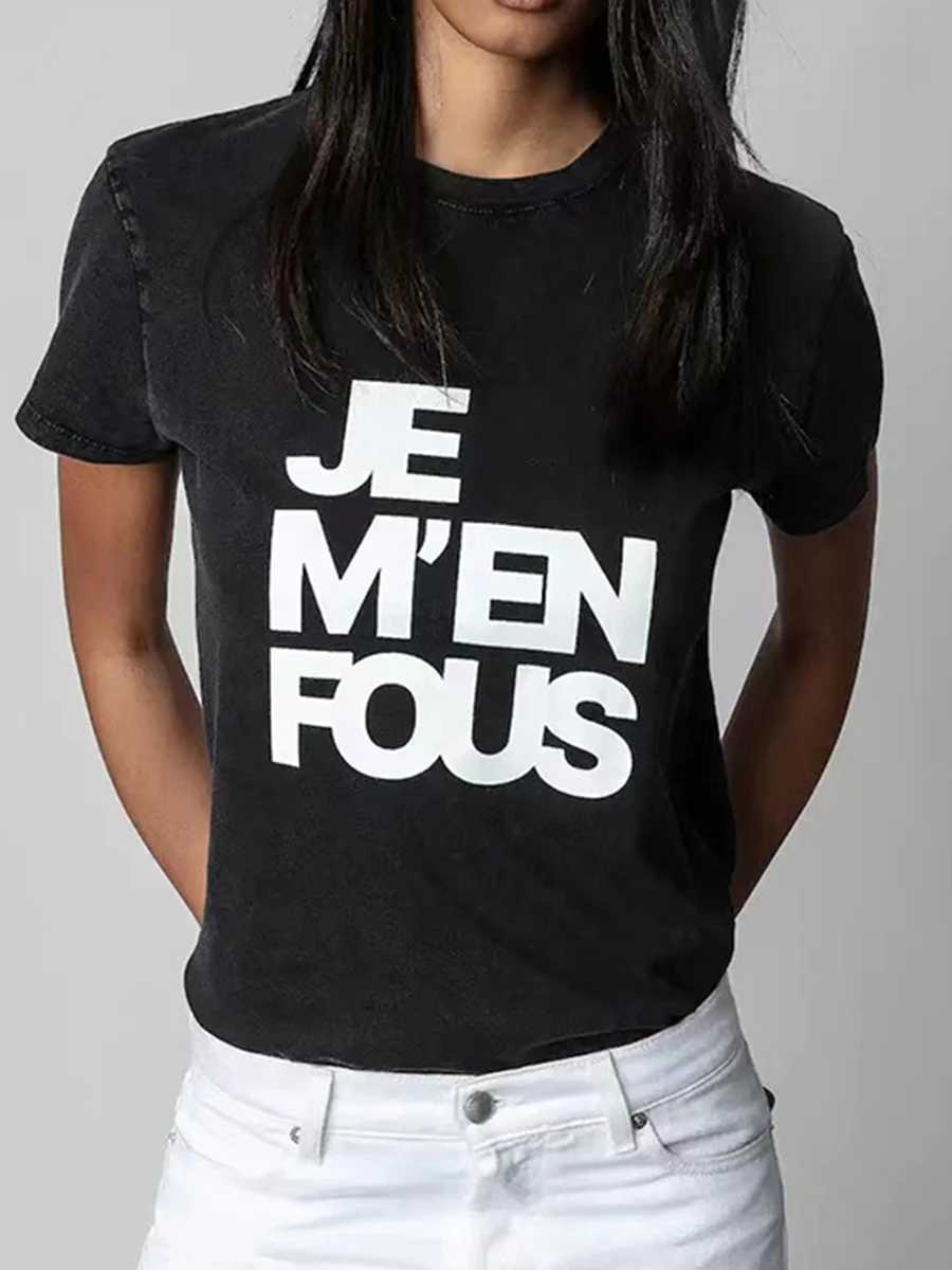 

Letters Printed T-Shirts For Women Summer Designer Round Neck Fashion Vintage Streetwear Faded T-shirt 2023 Femme Casual Top Tee