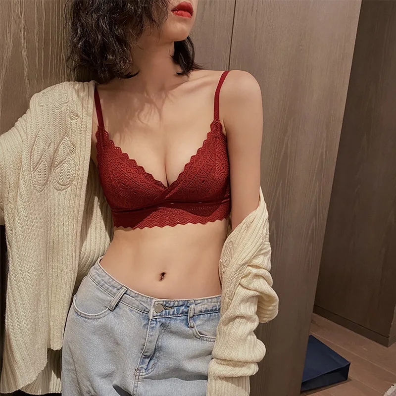 

New Fashion Women Wireless Bra Thin Small Chest Push Up Sexy Lace Wedding Triangle Cup Bra Top