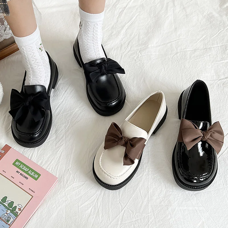 

Туфли-лодочки женские с бантом, офисные лоферы, милая маленькая кожаная обувь, на платформе, низкий каблук, черные