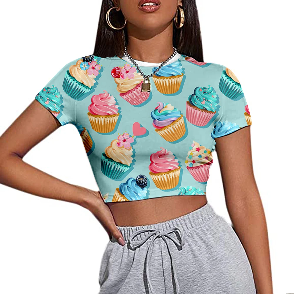 

Summer 2022 Cropped Women's Casual Dessert Print Slim Fit Fashion Short Sleeve Stand Collar T Shirt