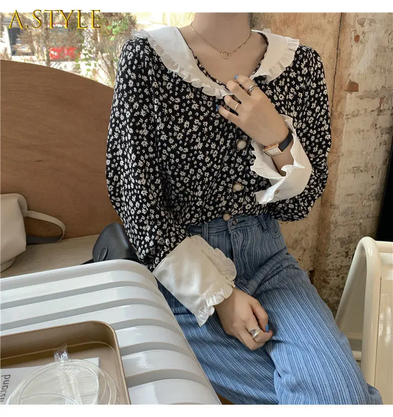 

Shirts Women Retro Fit Simple Ruffles Patchwork Design Ulzzang Autumn Tender Ins New Collection Stylish Blusas Tops Baggy Soft