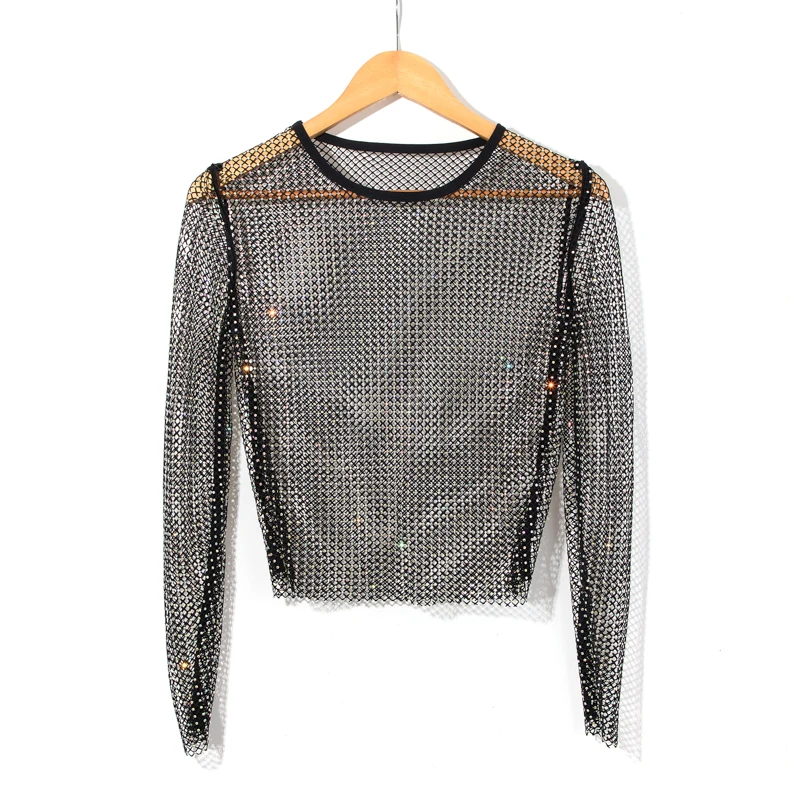 

Sexy Tee Tops for Women 2023 Fishnet Mesh See-Through Shirts Rhinestone Backless Long Sleeve Drilling Female Clothing Harajuku