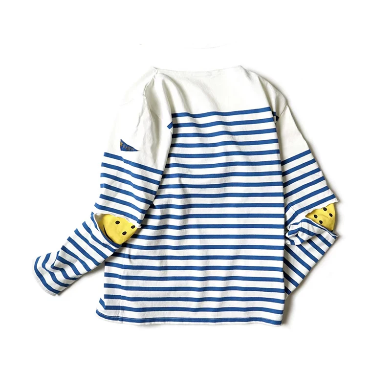 

KAPITAL 22AW Japanese Style Blue And White Stripes Pennant Smiling Face Loose Fake Two Pieces Patchwork Long Sleeve T-shirt