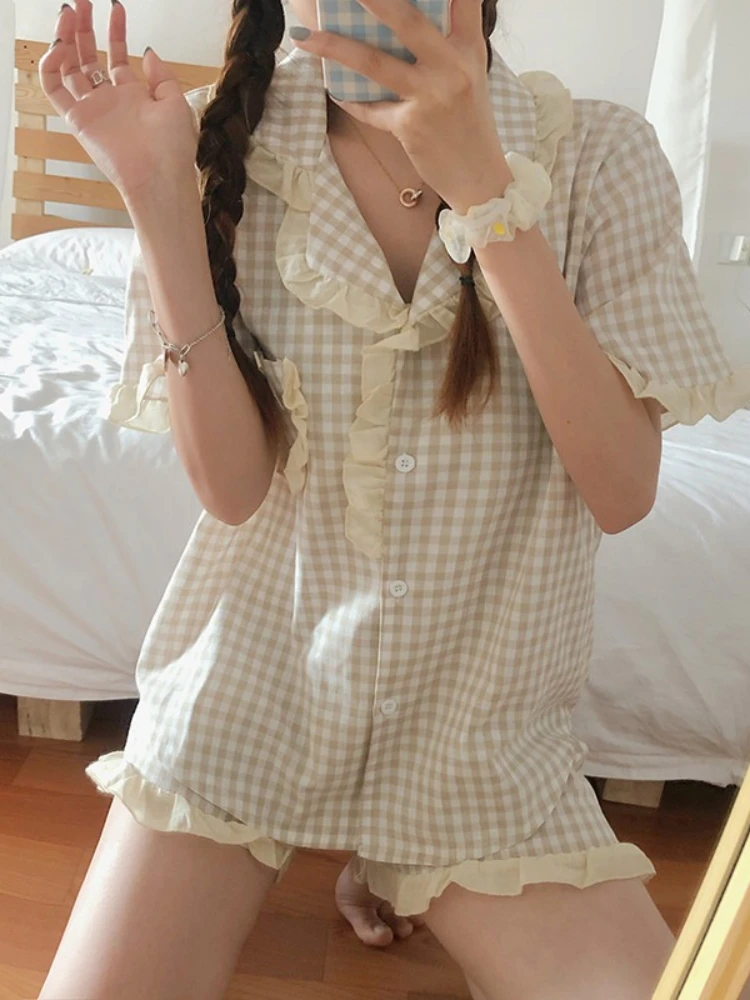 New 2022 Summer Pajamas Set for Women Thin Cotton Fashion Stripes Women short Sleepwear Suit Home Clothes Women Female Sleepwear