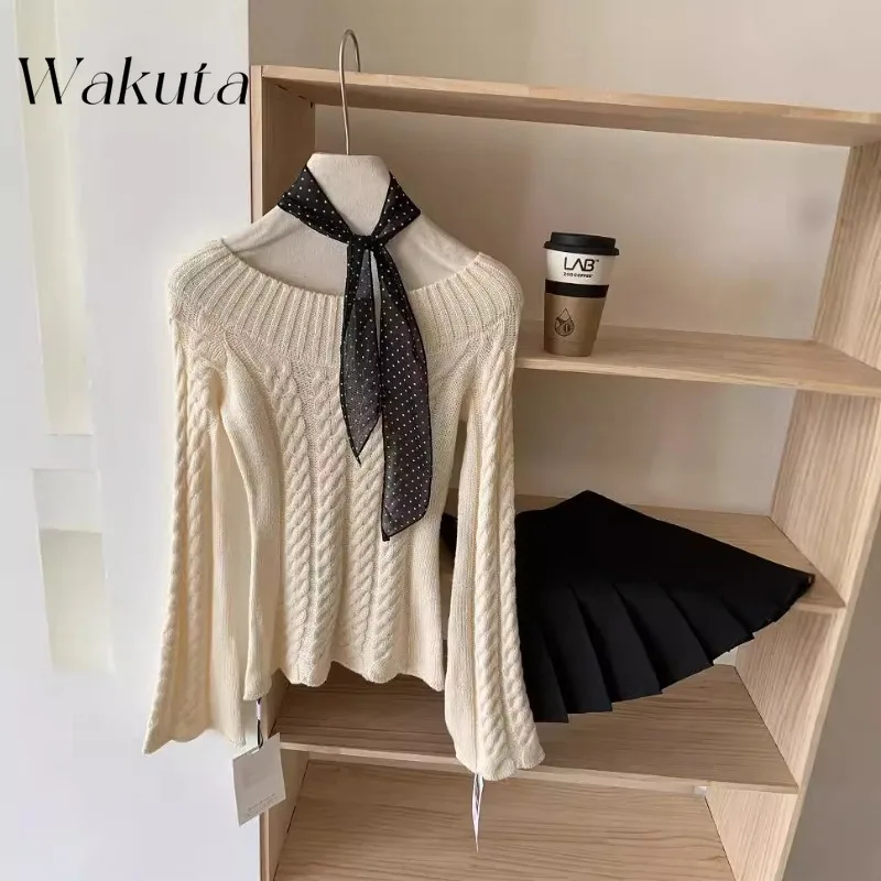 WAKUTA Retro Korean Gentle Wind One-line Collar Long-sleeved Knit Sweater Female Fall Youth Campus Style Slim Strapless Blouses