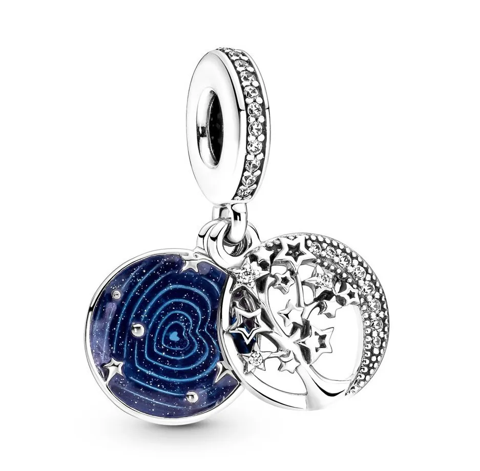 

Original Double Dangle Tree & Galaxy Moon Beads Charm Fit Pandora Women 925 Sterling Silver Bracelet Bangle Jewelry