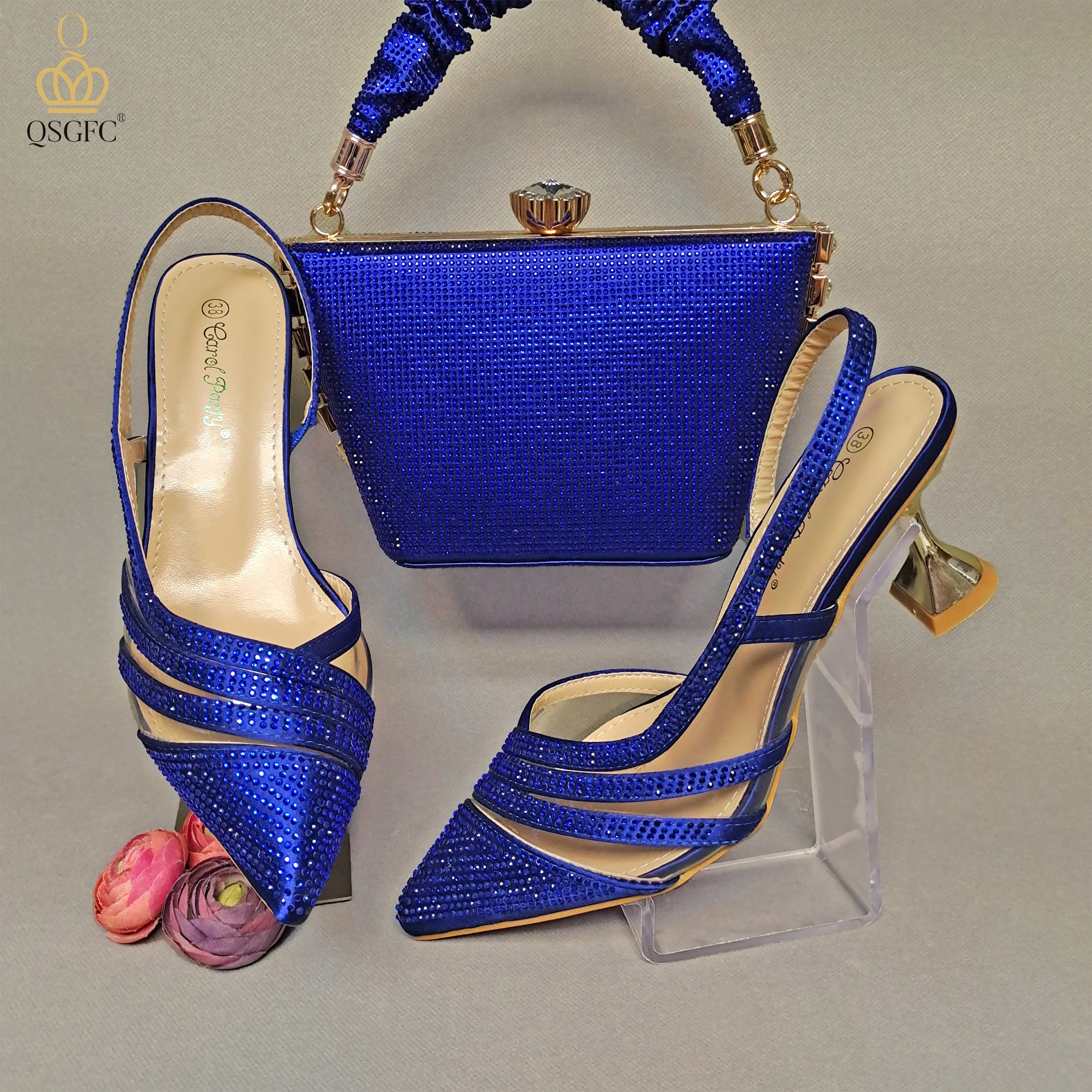 

QSGFC Nigeria Popular New Elegant R.Blue Crinkled Fabric Tote Handle Simple And Versatile Exquisite Party Shoes And bag Set