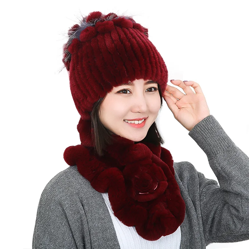 Winter Real Rex Rabbit Fur Snow Hat Hats For Women Girls Real Knitted Fur Skullies Natural Soft Beanie Warm Knitted Fur Hat