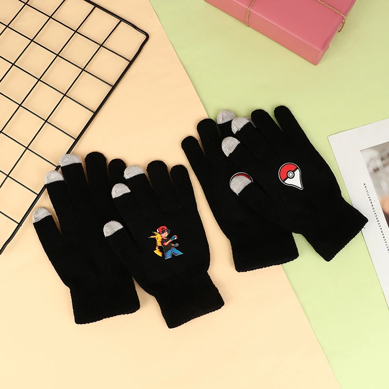 

Anime Pokemon Figure Gloves Pikachu Ash Ketchum Cartoon Knitted Gloves Winter Warm Touch Screen Ski Cycling Gloves Kid Gift