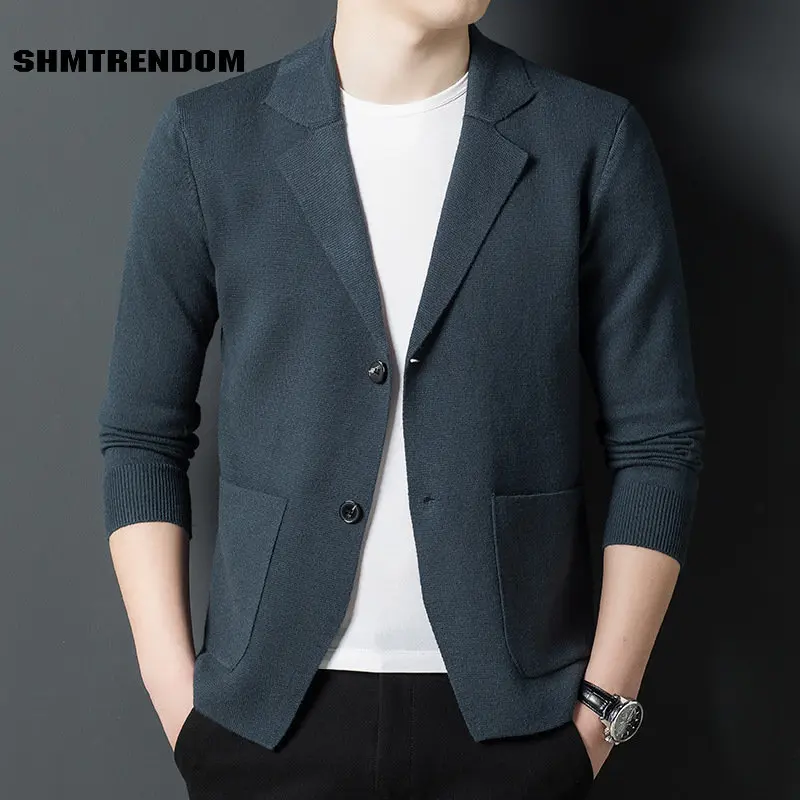 

SHMTRENDOM Spring And Autumn Cardigan Mens Sweaters High Quality Long Sleeve Solid Color Single Breasted Casual Male Sweaters