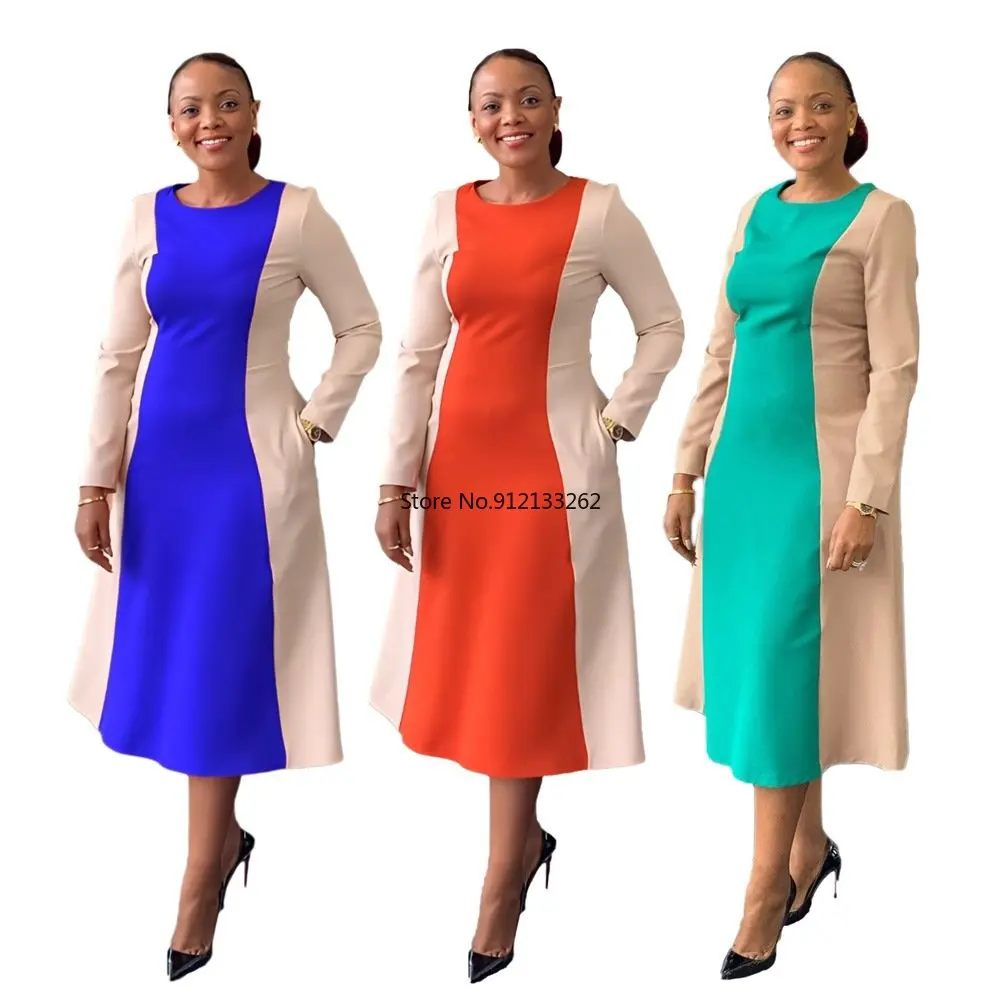 

Африканское платье для женщин, Африканское женское платье 2023, однотонные Дашики с длинным рукавом и круглым вырезом, лоскутные платья из Ан...