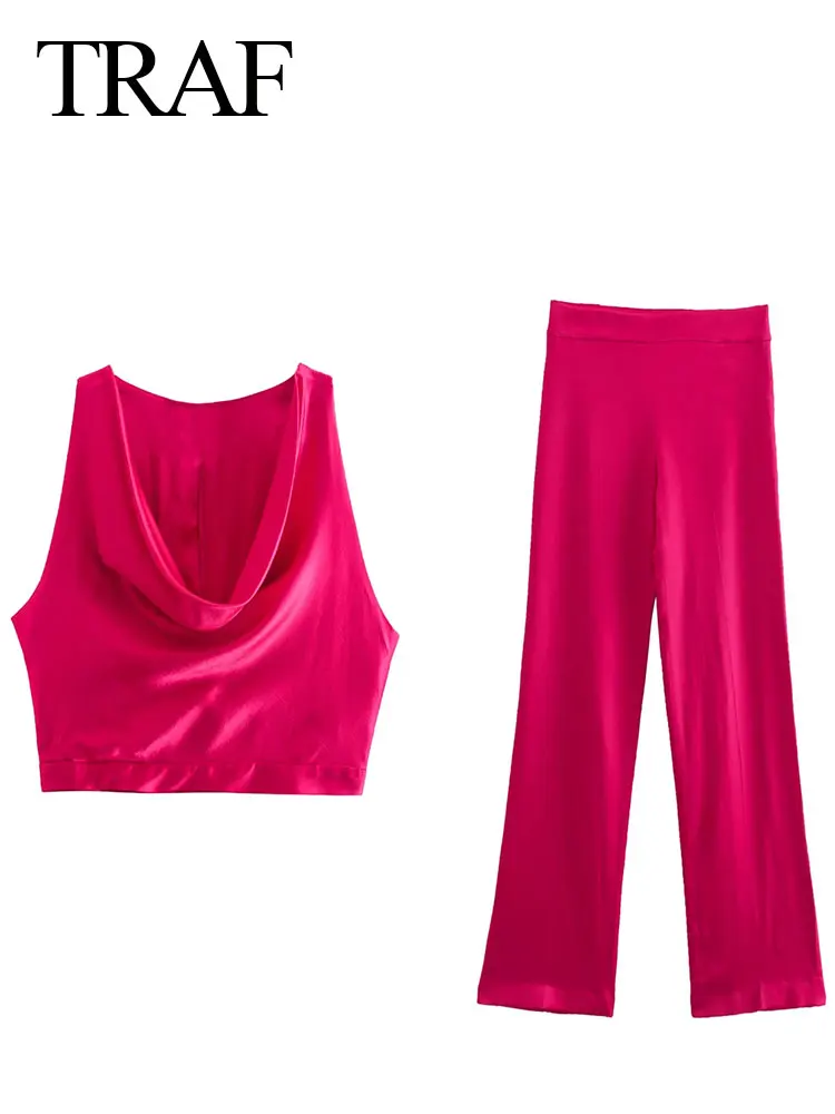 

TRAF Swing Collar Vest Drape Long Wide Leg Pants Summer Fashion Women's Clothing High Street Temperament Trend Wear Suit