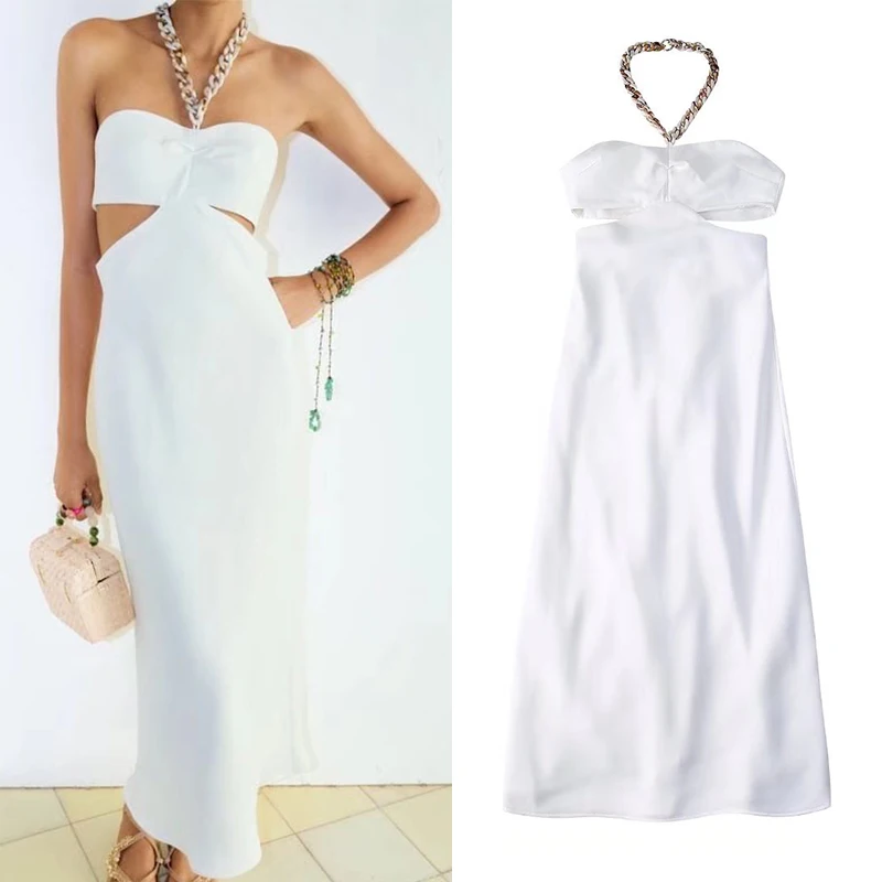 

Женское платье-комбинация без рукавов, белое длинное платье с вырезом лодочкой и цепочкой, модель BB22574 на лето, 2022