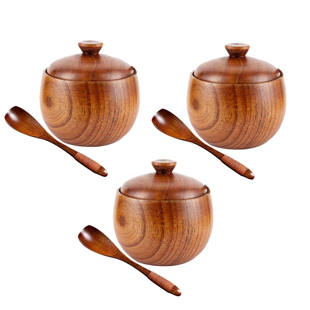 

3pcs/set Wooden Seasoning Jar Salt Sugar Bowl Pepper Box Salt Container Storage Box+Lid Spoon Spice Spice Jars Set Wood Vintage