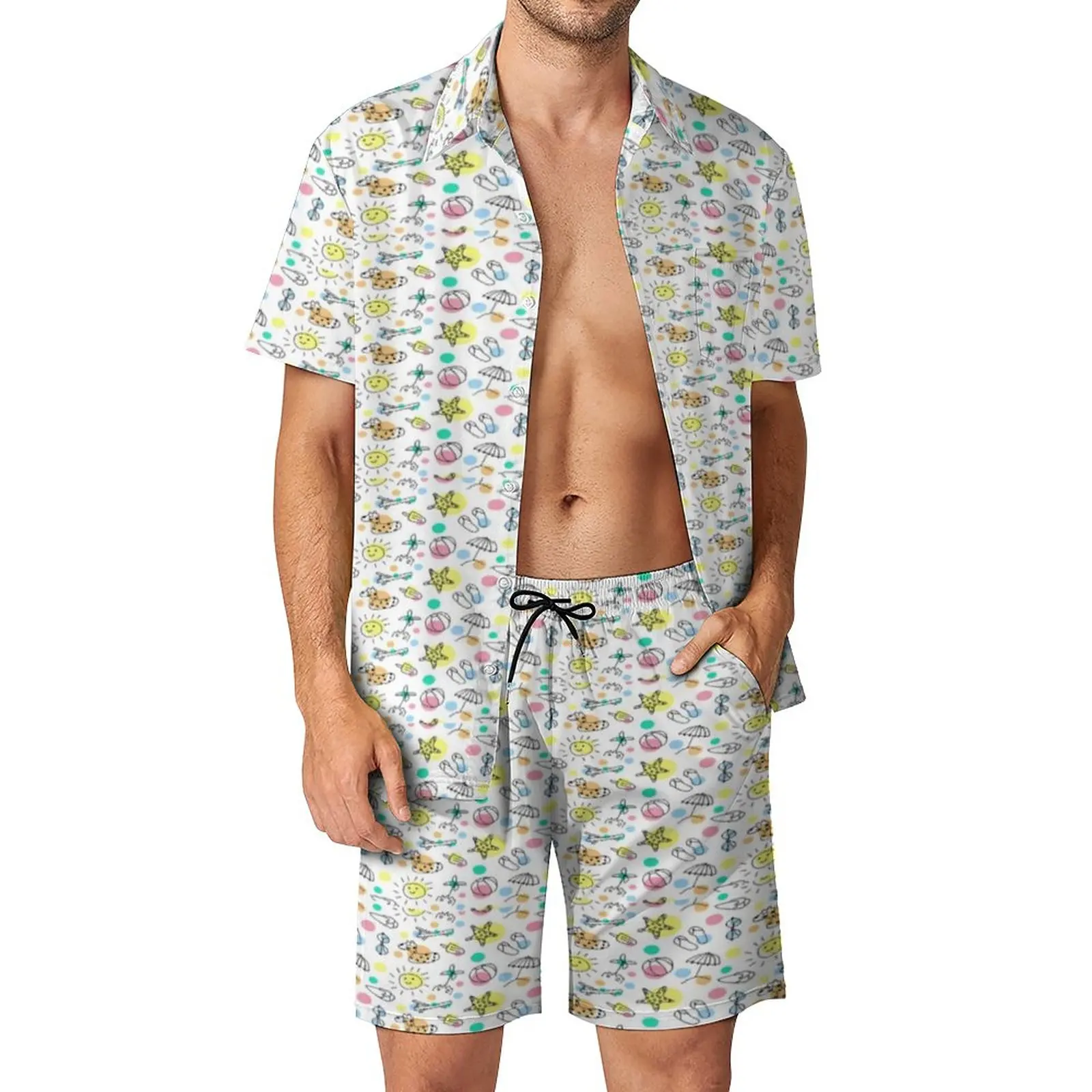

Beach Vacation Men Sets Summer Doodle Casual Shorts Vacation Shirt Set Summer Hawaii Graphic Suit Short-Sleeve Oversize Clothing
