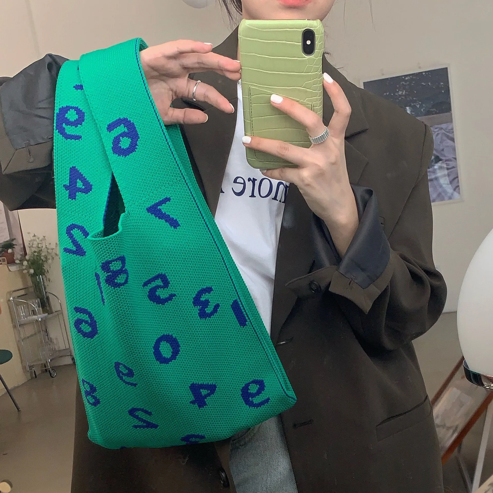 

Дизайнерская вязаная женская сумка через плечо с цифрами, модный ажурный тоут, тканевый Дамский кошелек для покупок, дамская сумочка через ...