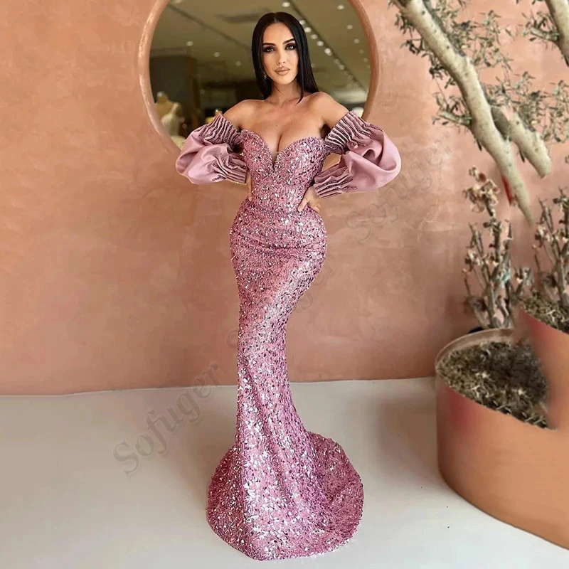 

Soфлейт розовое блестящее платье русалки для выпускного вечера со съемным пышным рукавом сердечком-вечернее платье из бисера Дубая вечерне...