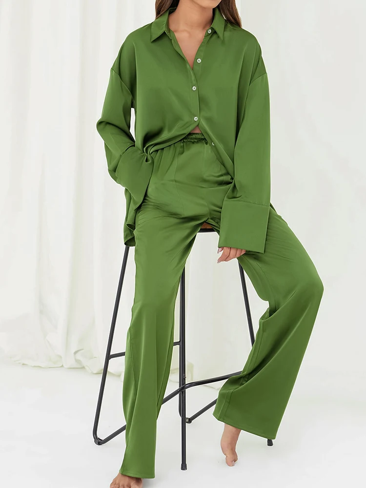 

Свободная Женская ночная рубашка Linad, комплект из 2 предметов, зеленая пижама с длинным рукавом, женские брюки, костюмы, зима 2022, Повседневная...