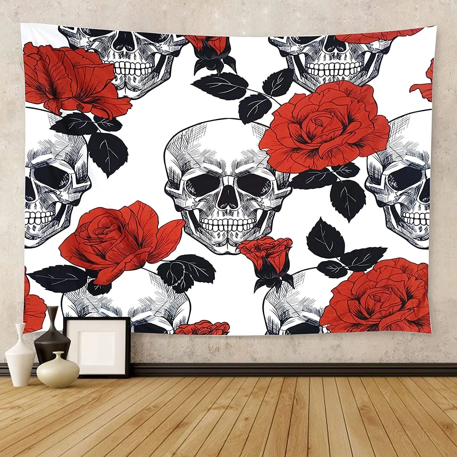 

Goth Skull Tapestry Aesthetic Large Human Floral Skeleton Black White Rose Red Flowers Art Men Cool Wall Hanging Tapestries