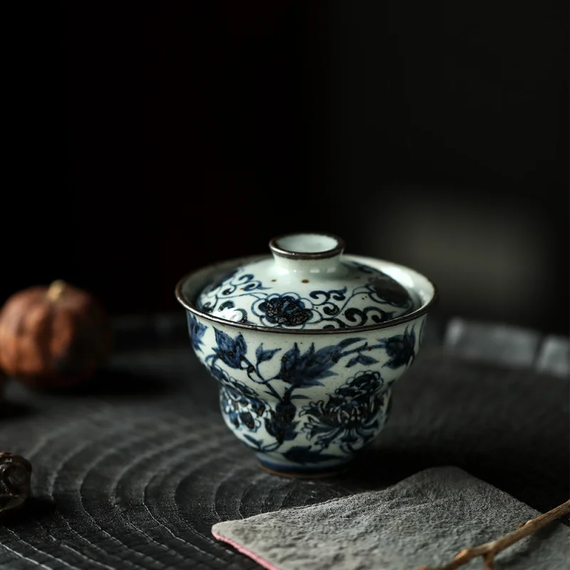 

Mr. Qing Blue and White Interlock Branch Lotus Gourd Tureen Ceramic Jingdezhen Handmade Belt Tureen Bowl Cup Tea Set Tea Brewing