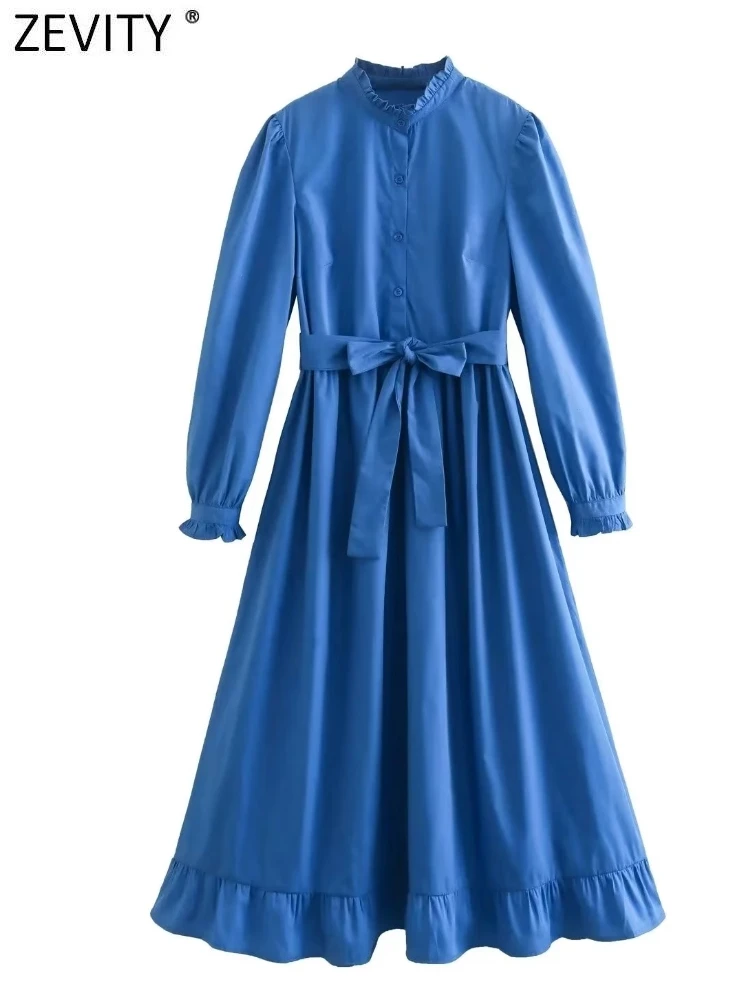 

Zevity 2022 женское модное платье-рубашка с воротником-стойкой, складками и оборками, с бантом и поясом, миди, женское шикарное Деловое платье DS2960