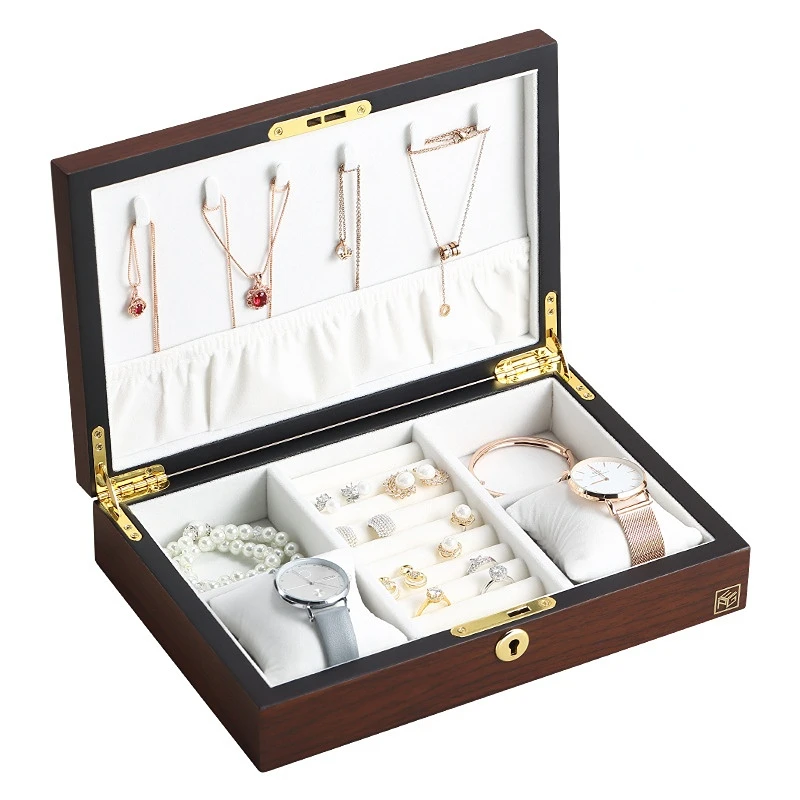Vintage Storage Box Walnut Wood with Lock Wooden Jewelry Watch Bracelet Ring Necklace Earrings Cufflinks Jewelry Display Box
