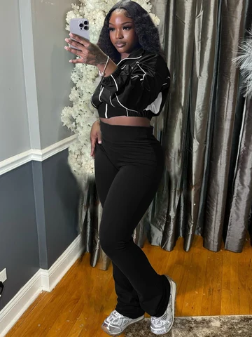 2025 Модная женская одежда контрастного цвета, спортивный костюм, укороченная куртка на молнии и брюки-клеш с высокой талией, спортивный костюм для спортзала, комплект из 2 предметов