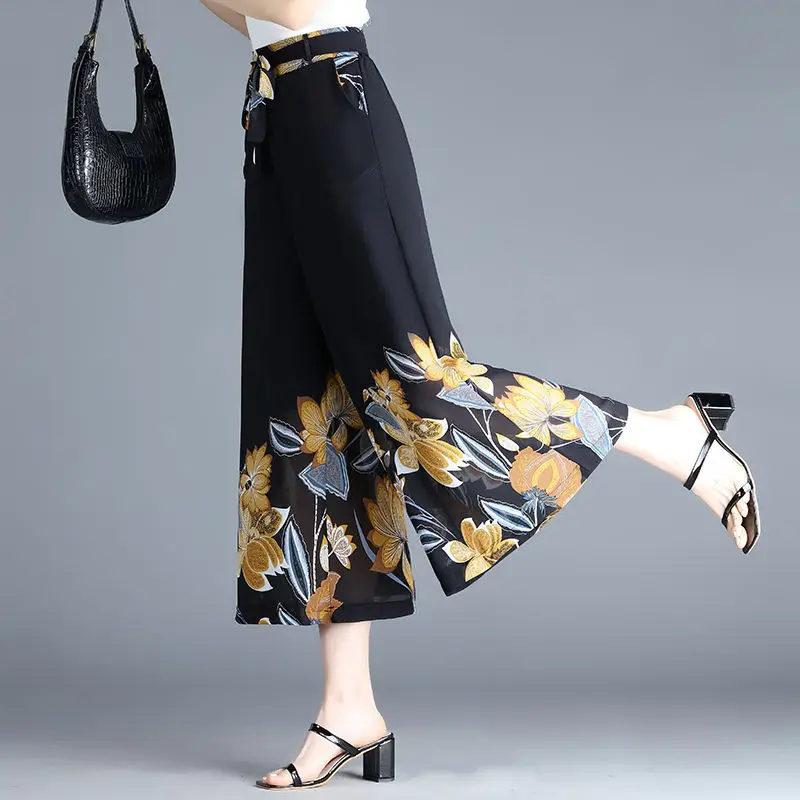 

Женские шифоновые юбки с принтом, пляжные брюки в богемном стиле с широкими штанинами и высокой талией, летние брюки до щиколотки, E77