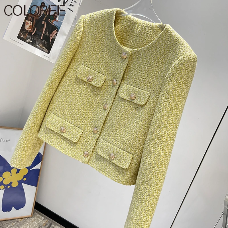 

Autumn Winter Korean Fashion Streetwear 2022 Vintage Elegant Single Breasted Tweed Jacket for Women Yellow Jaqueta Feminina