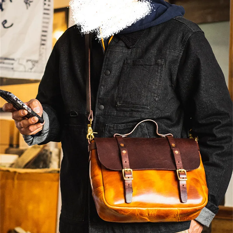 Vintage fashion luxury designer top cowhide men's color contrast handbag organizer genuine leather work shoulder crossbody bag
