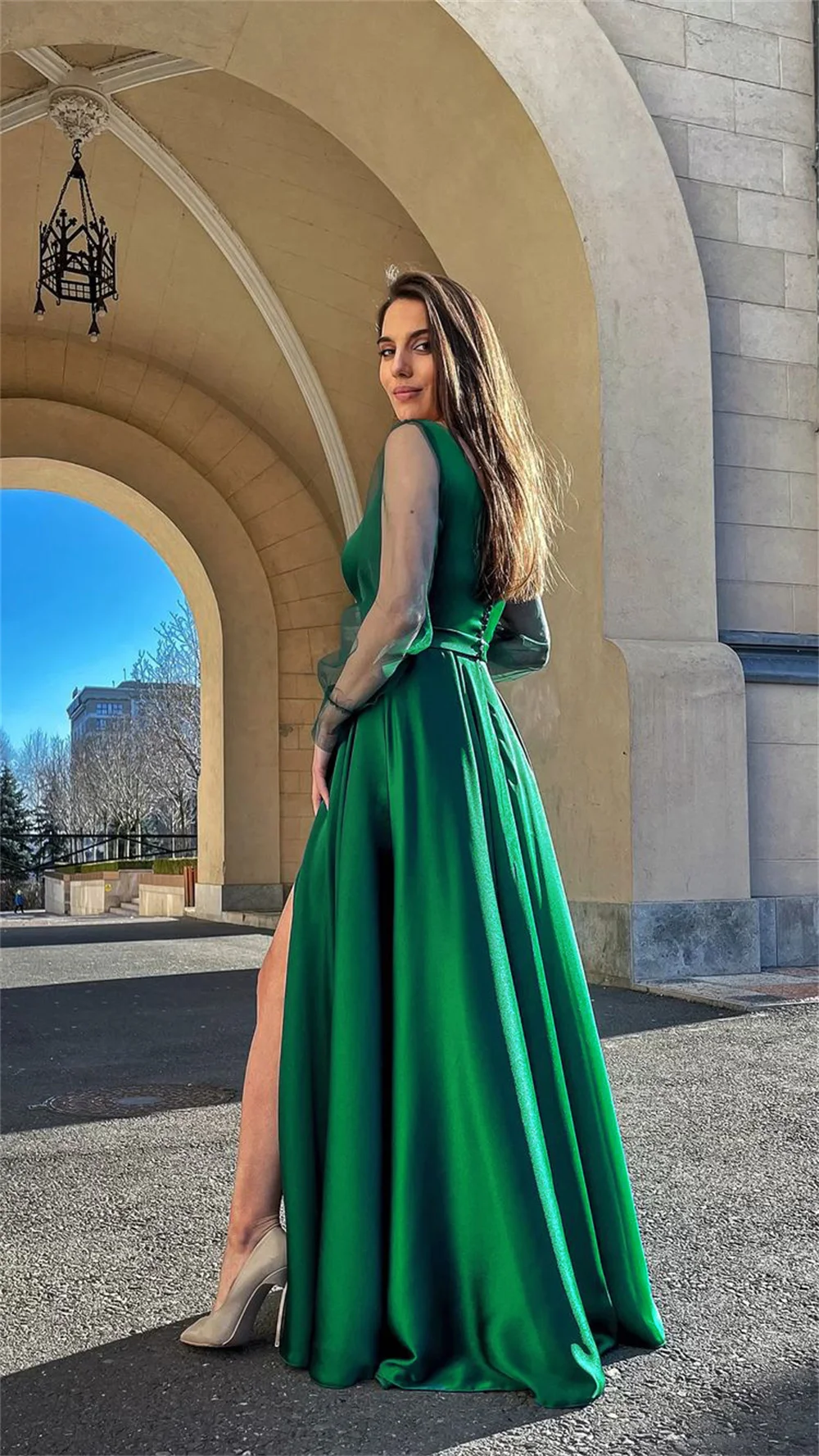 Women Satin Prom Evening Dress Sexy Square Collar Hollow Long Sleeve Party Dress Elegant High Split  A-Line Bridesmaid Dresses