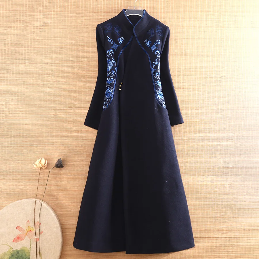 High Quality Winter Chinese Style Wool Trench Coat Qipao Embroidery Retro Elegant Loose Women Dress S-XXL