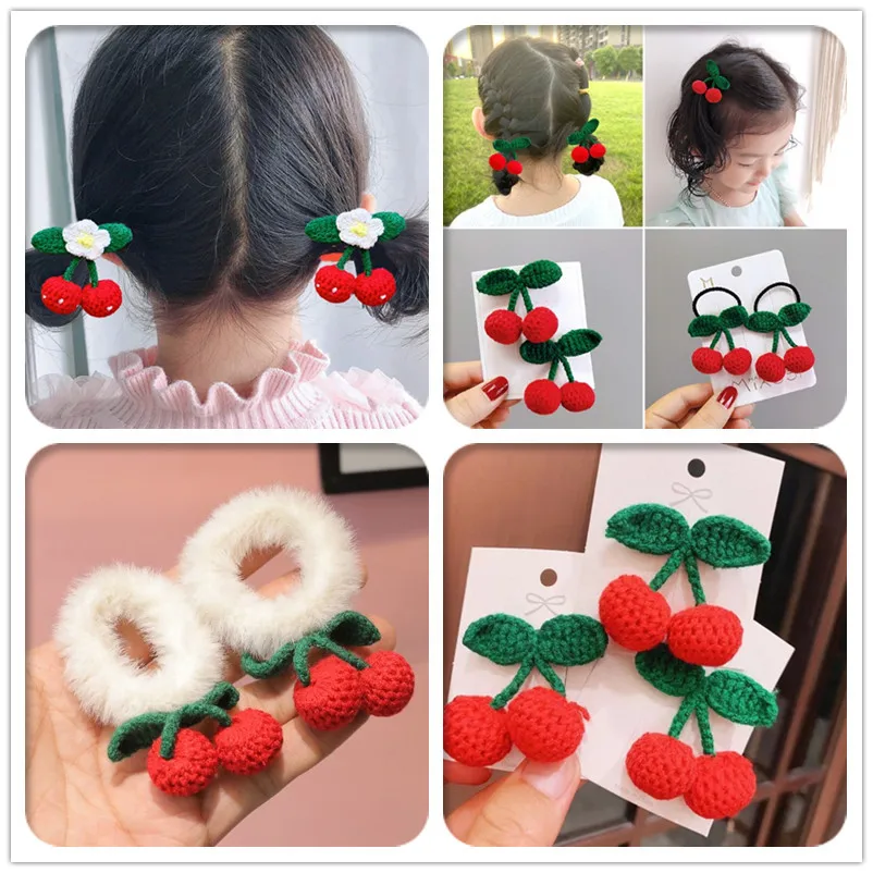 

New Children's Cherry Headdress Hair Clip Hairband Girls Cute Princess Hairrope Clip Handwoven woolen Hair Accessories