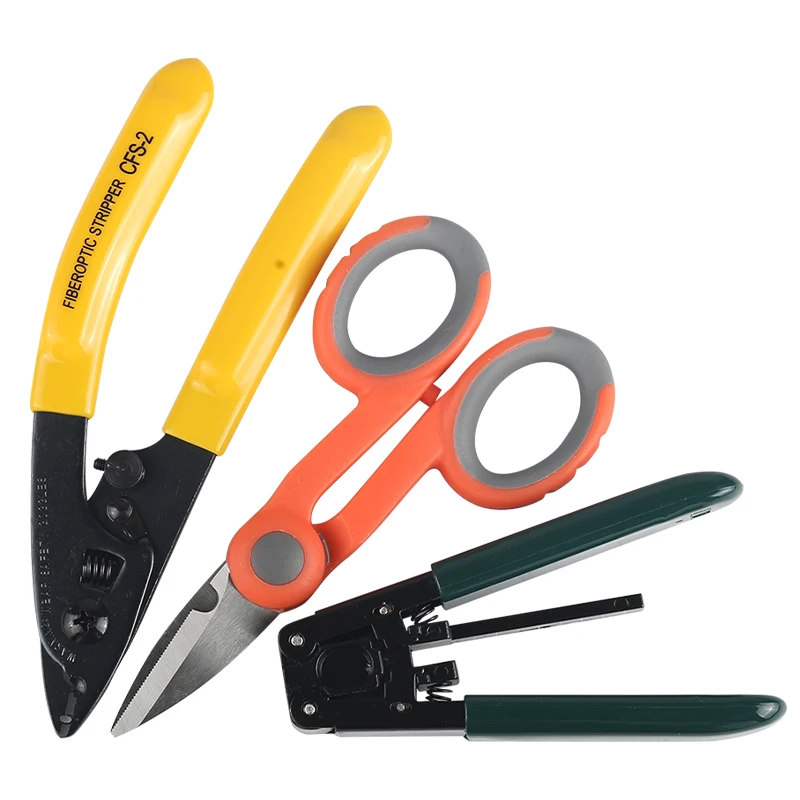 

3 Packs Fiber Optic Tool Kit Kevlar Scissors Double Hole Pliers Stripper and Fiber Optic Stripper CFS-2 CFS-3 CP-FB01 FTTH