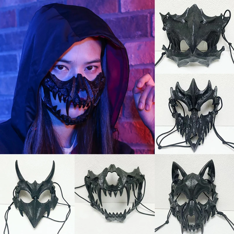 Skeleton Half Face Mask Japanese Anime Dragon God Animal Skeleton Mask Unisex Halloween Masquerade Carnival Party Cosplay Props