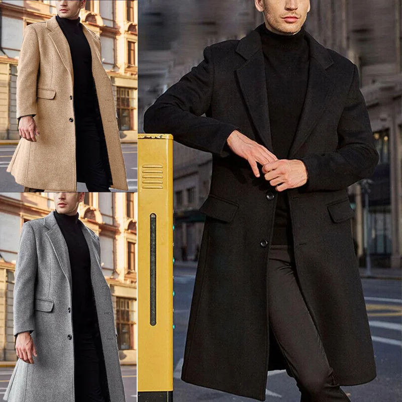 

Mandylandy Spring Autumn Winter Men Coats Woolen Solid Long Sleeve Jackets Fleece Men Overcoats Streetwear Long Trench Outerwear
