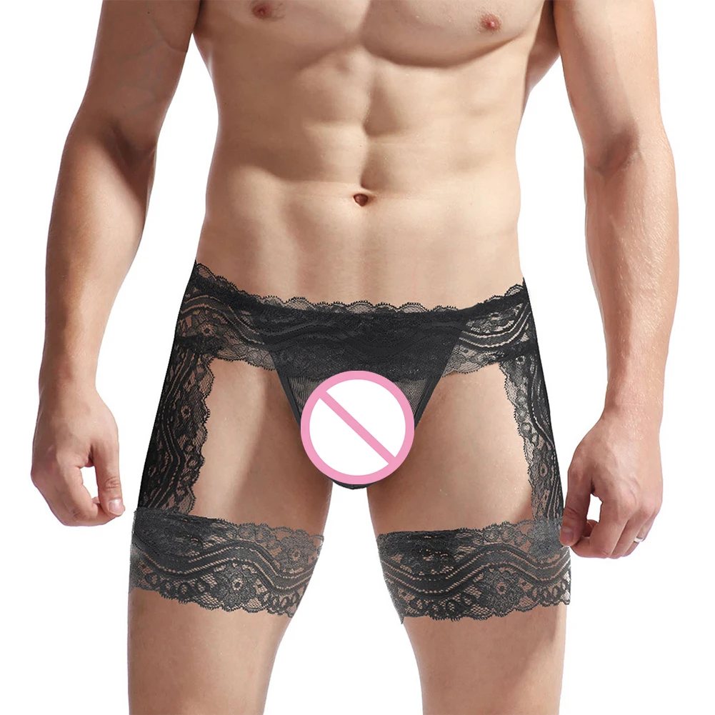 

Men's Sexy Lace Tie Leg Hollow Out Thongs Panties Sissy Sheer Lace See Through Underwear Erotic Enhance Pouch Briefs Lingerie