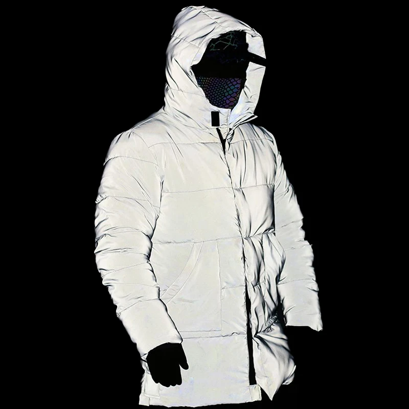 Parklees Men Reflective Cotton Padded Jacket Coat 2022 Winter New Night Fluprescent Hooded Coat Fashion Hiphop Warm Overcoat 3XL
