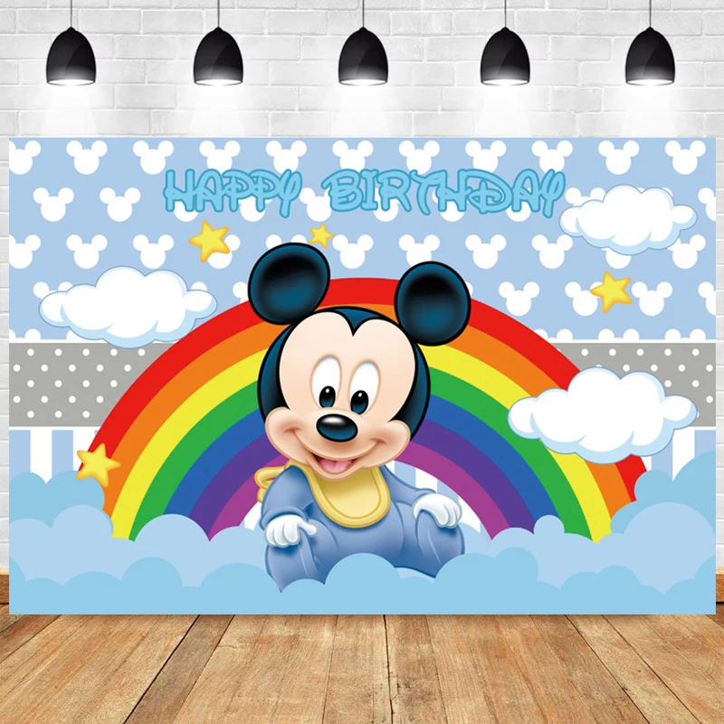 

Disney Mickey Mouse Backdrop Boy Baby Shower Rainbow 1st Happy Birthday Party Photograph Background Photo Banner Decoration