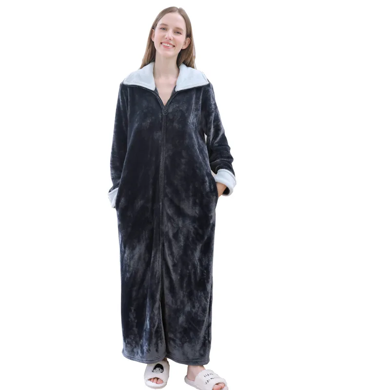 Winter Thick Coral Fleece Bathrobe Warm Flannel Bath Robes Night Sleepwear Women Gown Zipper Stand Collar Pregnancy Can Wear