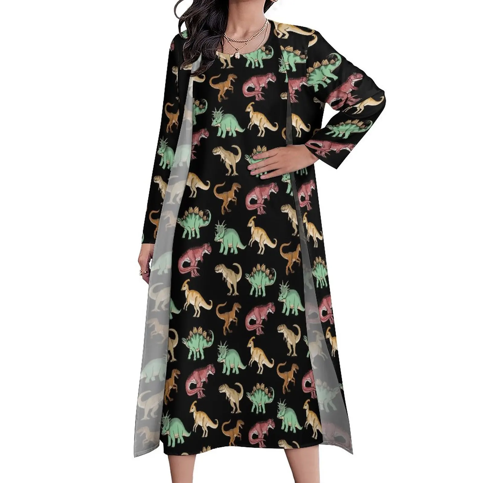 

Colorful Dinosaur Dress Summer Funny Animal Street Fashion Casual Long Dresses Ladies Printed Kawaii Maxi Dress Large Size